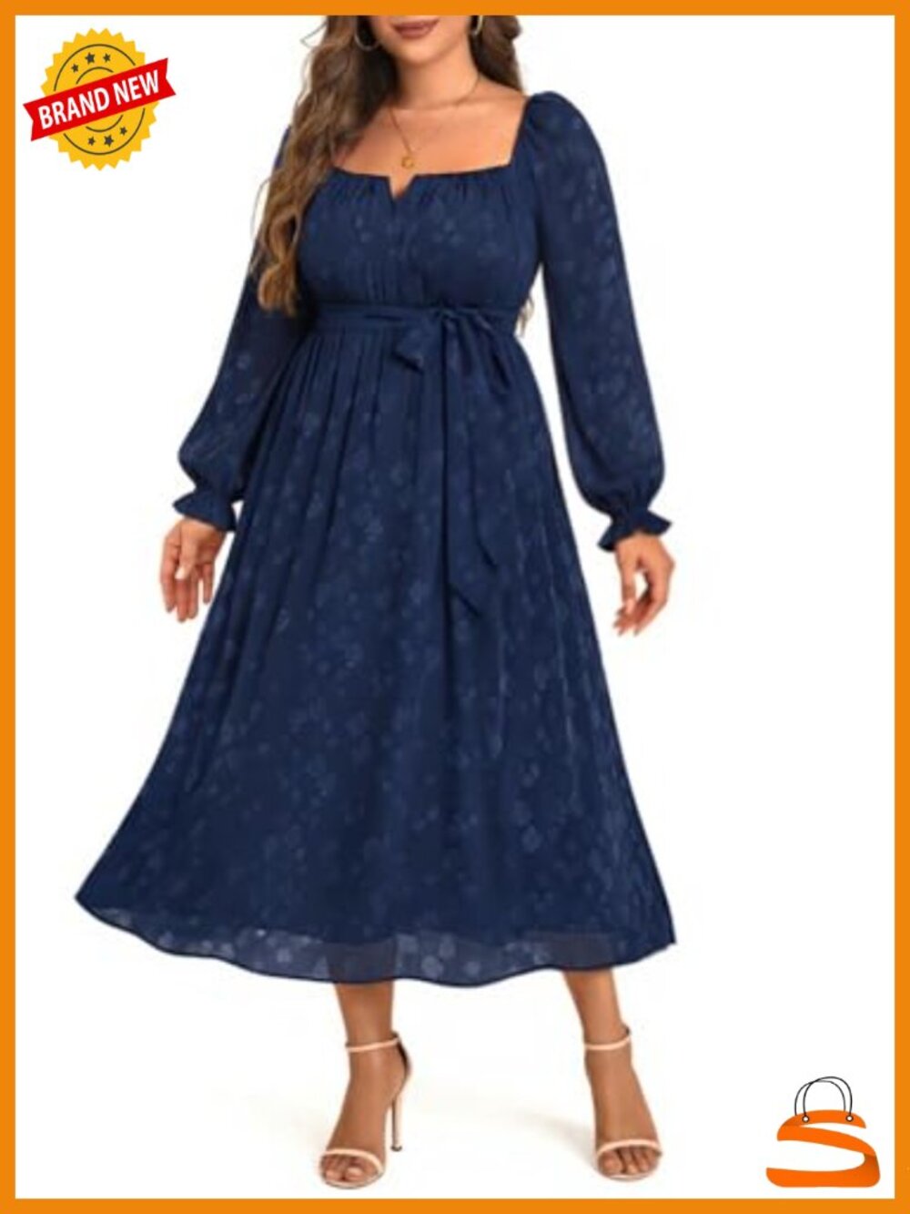 Plus Size A-Line Midi Dress Long Sleeve Square Neck Fall Wedding Guest